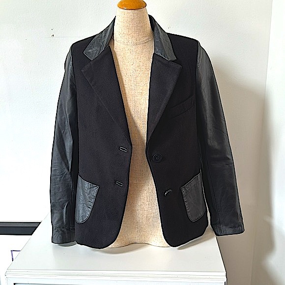 Black Heavy Cotton and Leather Blazer - Picture 4 of 8
